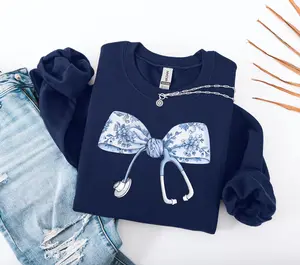 Nurse Bow Shirt, Sweatshirt & Hoodie - Stethoscope Nurse Shirt,Coquette Nurse Shirt,Nurse Gift For Women,Nurse Ribbon Shirt,Toile Nurse Shirt,Registered Nurse Tee