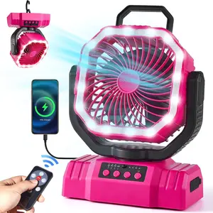 Portable Camping Fan with LED Lantern, 20000mAh Rechargeable   Fan with Auto Oscillation, Timer, Remote, 360? Rotation Hook, 4 Speeds Tent Fan for Power Outage Travel Home, Pink