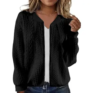Womens Fall Cable Knit Cardigan, Zip Up V Neck Long Sleeve Loose Fit Sweater Jacket, Casual Soft Knit Outerwear for Daily Wear