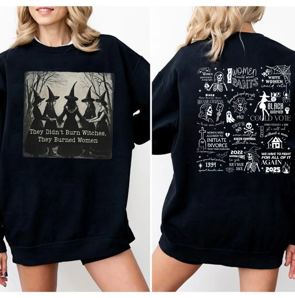 Women's Casual Short-Sleeve Cotton Tshirt - Unisex Sizing, Unique "They Didn't Burn Witches" Graphic, Feminism Halloween Tee, Women's Rights Empowerment 2025 Top, Side-Seamed, Shoulder Taping, Pull On
