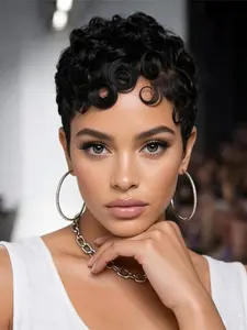 black brown burgundy 99j 13X4 frontal lace pixie cut human hair wig PIXIE human hair wig short curly human hair wig daily party use black color for women Glueless Frontal Wig