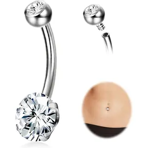 CASSIECA G23 Solid Titanium Unisex Belly Button Rings, 14G Internally Threaded 12mm-14mm Long Bar, Cubic Zirconia Navel Body Piercing Jewelry