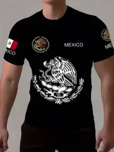 Men's Mexican Theme 3D Printed Cropped Short Sleeve T-Shirt, Aztec Mayan Eagle Snake Emblem, Breathable Casual Holiday Wear, All Seasons Fitted Crop Top