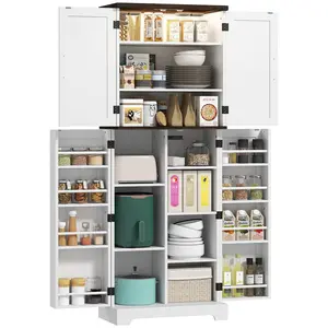 HOMCOM 64" Kitchen Pantry Cabinet with LED Motion Sensor Light, Farmhouse Tall Storage Cabinet with Adjustable Shelves, Cupboard for Living Room, Dining Room, White