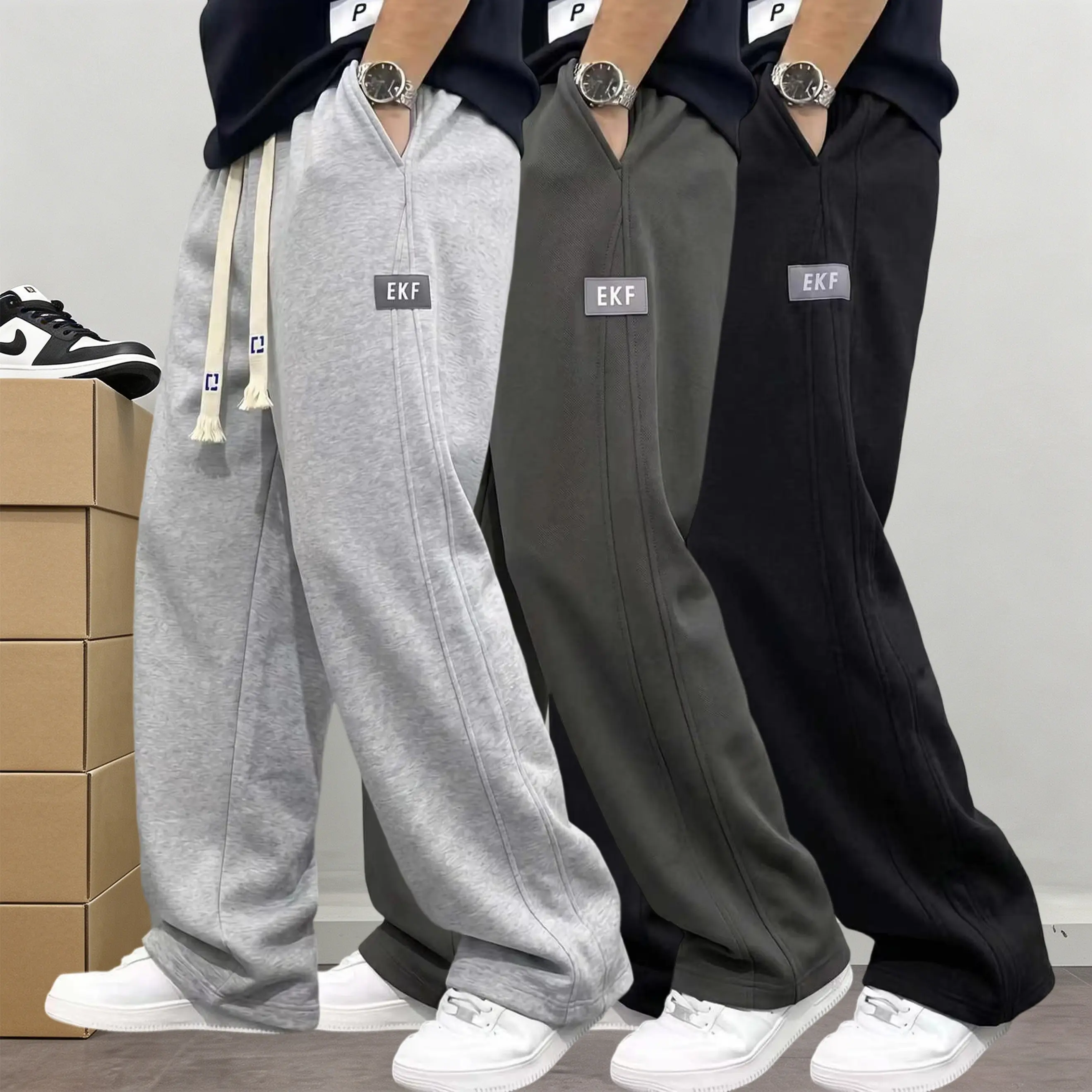Men’s 3-pack cotton joggers with drawstring elastic waist and wide legs; relaxed, drapey straight cut with practical side pockets; American street style; versatile casual pants for everyday commuting, sports, and streetwear.