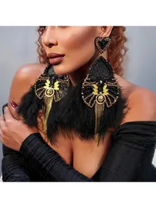 New European and American style tassel feather earrings, exaggerated diamond-studded earrings, party accessories for women, Geometric Tassel Earrings
