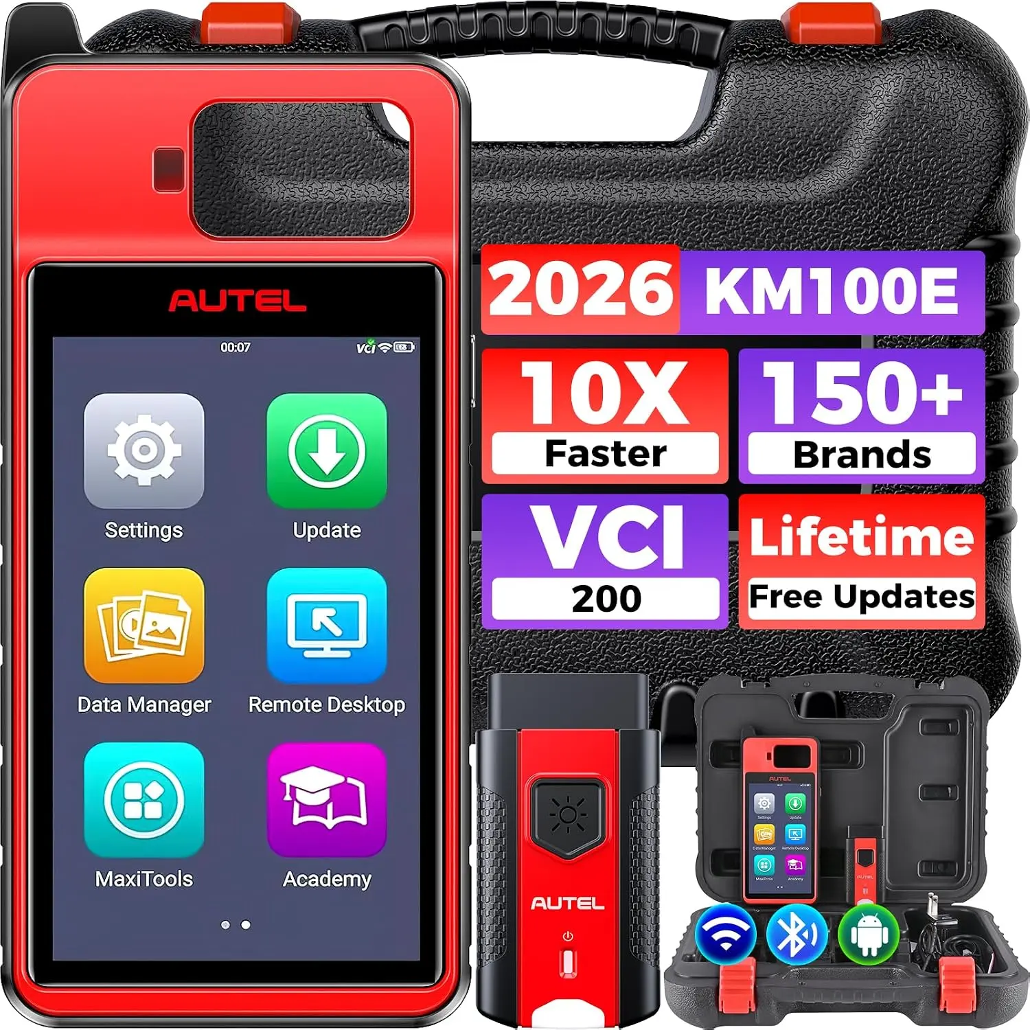 Autel KM100E Handheld OBD2 Diagnostic Code Reader & Scanner with VCI200 Wireless Connectivity, Auto Scan 2.0, 64GB Storage, 2GB RAM, Android 9.0, Lifetime Free Updates, 100+ Brands Support, Manufacturer Warranty for Repair Shops, Code Readers & Scanners