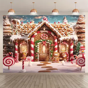 Merry Christmas Gingerbread House & Snow Tree Backdrop Festive Polyester Party Decor Easy Setup 39x59in 70.8x90.5in for Indoor Celebrations Photo Shoots Banners Ornaments Charming Design
