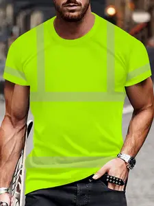 Fluorescent Reflective Stripes Men's T-Shirt, Construction Workwear Style, Safety Half Sleeve, Casual Loose Fit Top