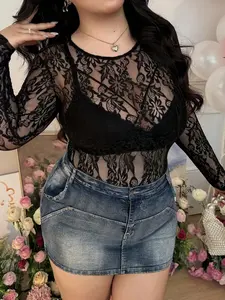 [SAJOON] Plus Size Black Sexy Lace Long Sleeve Bodysuit Sheer Long Sleeve Top Black Sheer Bodysuit Black Lace Bodysuit Black Lace Top Lace Long Sleeve Top