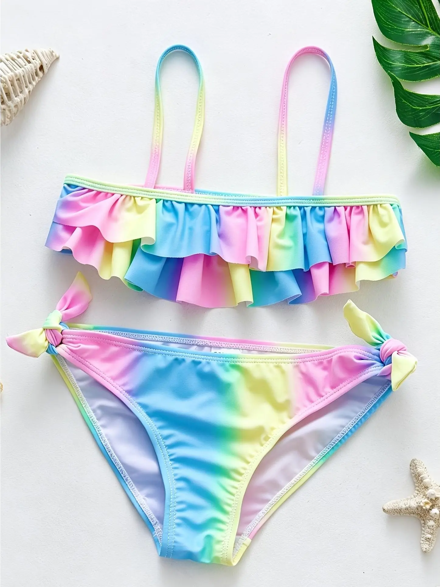 Girls' Polyester Ruffled Bikini Set - 3-4y,5-6y,11-12y Fashionable Beachwear with Random Gradient Rainbow Print and Randomly Colored Shoulder Straps