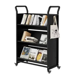 Book Cart, V-Shaped Metal Rolling Cart with 4 Lockable Wheels & Side Hooks, 3-Tier Storage Bookshelf for Home Library School Office Study(32 in x14 in x49 in ), Black