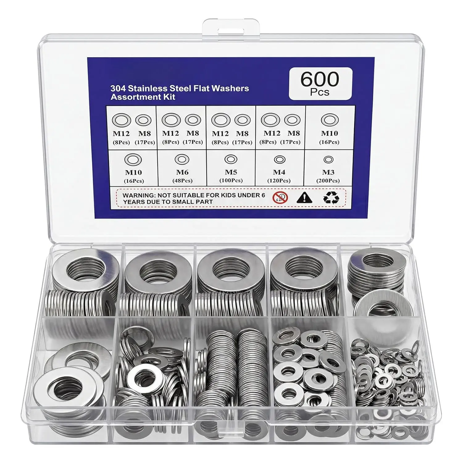 600 count Flat Washers for Screws and , 304 Stainless Steel Flat Washers  Kit, 7 Sizes (M3 M4 M5 M6 M8 M10 M12) for Industrial and  Use