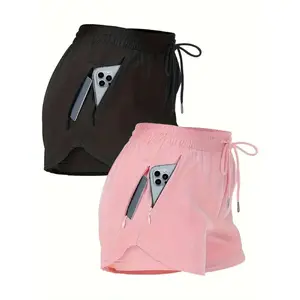 Women's Solid Color Pocket Zipper Side Shorts, Casual Comfy Breathable Shorts for Yoga Gym Workout Running, Ladies Summer Bottoms