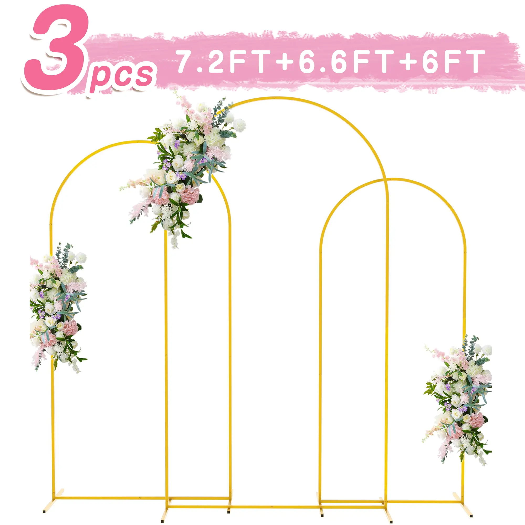 3-Piece Wedding Arch Backdrop Set Metal Arch Backdrop Frame Ideal For Wedding Celebrations, Outdoor/indoor Birthday Parties, Graduation Ceremonies, Garden Floral Balloon Arch Decorations, Event Decor 7.2 Ft  + 6.6 Ft + 6 Ft Halloween & Christmas
