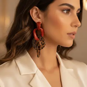 Women's Bold Red & Leopard Print Acrylic Dangle Drop Earrings - Lightweight Resin Geometric Link Statement Costume Jewelry, Trendy Gift for Fashion Lovers