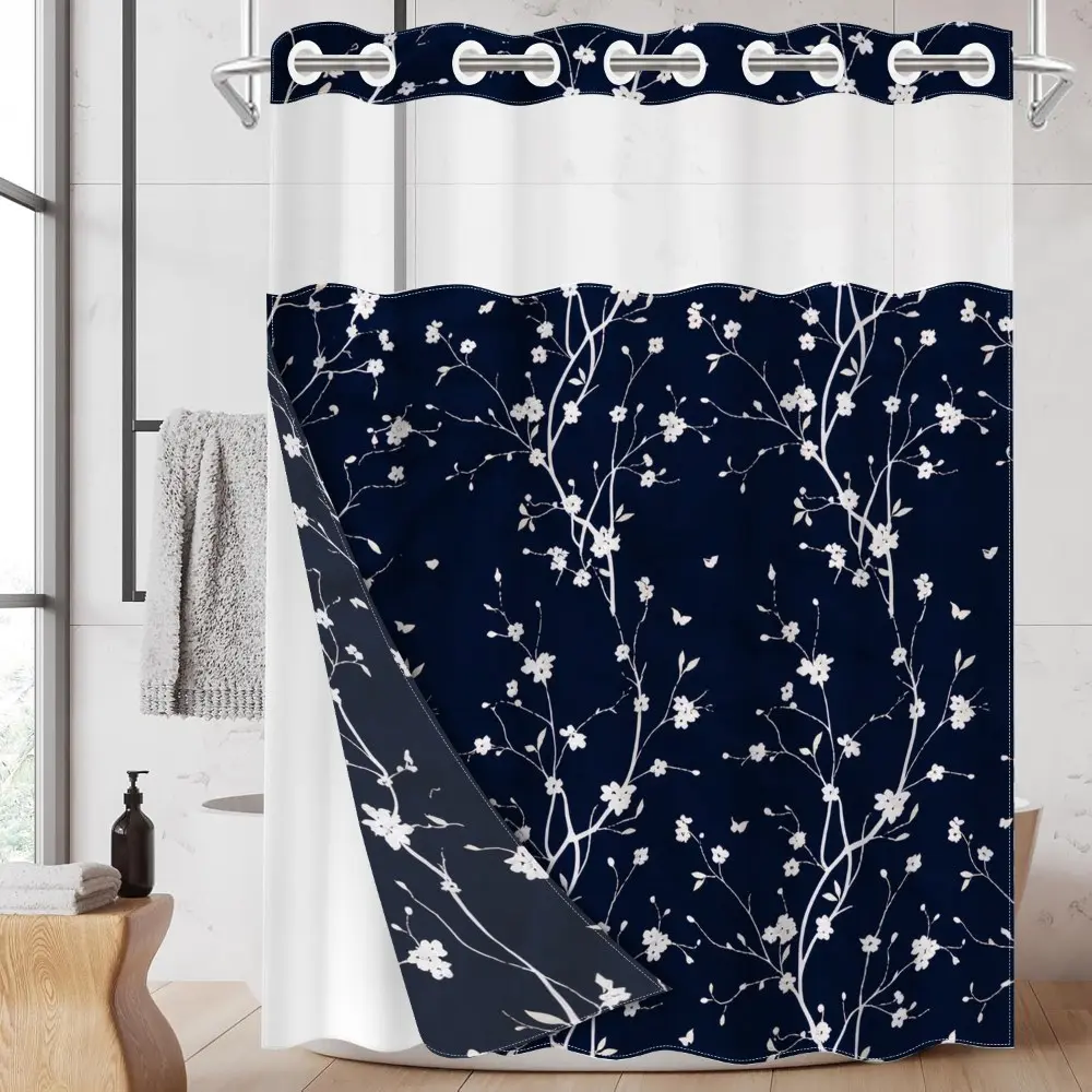 1pc hookless shower curtain, Floral Shower Curtains For Bathroom, Bathroom curtains, spring blue background with white floral design, 2D flat printing, waterproof lining, see-through double-layer, 71x74 inches, modern home curtain