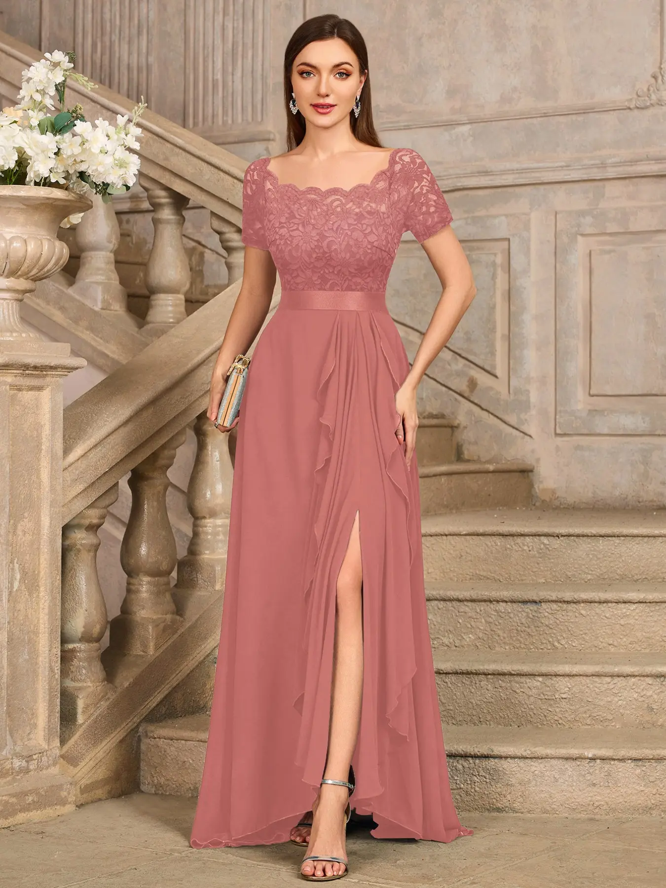 MIUSOL 24449A Boat Neck Floral Lace Stretchy Soft Contrast Color Chiffon Ruffle Hem Evening Formal Prom Cocktail Birthday Party Wedding Guest Maxi Dress Elegant Summer Elegance
