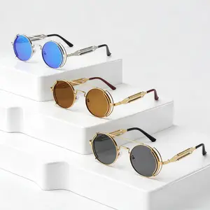 3-Pack Vintage Steampunk Spring-Loaded Metal Round Sunglasses, Fashion Personality Gothic Double Bridge Party Glasses, Ideal for Cosplay and Daily Wear