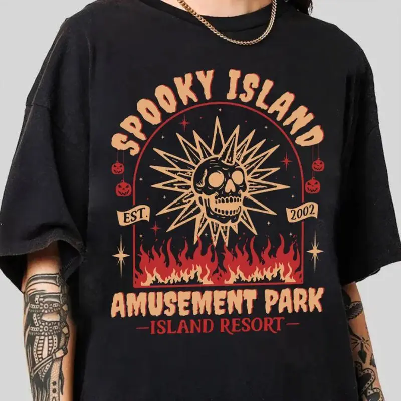 Spooky Island Amusement Park T-Shirt, Retro 2000s Halloween Movie Shirt, Disco Skull, Summer Spooky Tee, 90s Nostalgia Halloween Shirt for Halloween,clothes for back to school,first day of school outfits