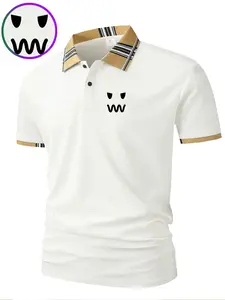 Men's Casual Polo Shirt with Smile Face Print Graphic Pattern and Geometric Design, Slim Fit Short Sleeve Button Front Polo for Business Daily and Sports, Summer Polos, Classic Collar and Ribbed Cuffs, Menswear