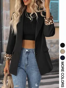 Classic Solid Color Leopard Print Patchwork Button Casual Blazer with Shoulder Pads, Business Attire for Spring & Fall, Fitted Style Outerwear