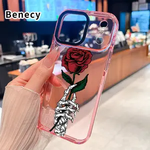 Clear Phone Case For iPhone 17 Pro Max 16 15 Plus Air 14 13 12 11 Red rose Pattern Anti Drop Shockproof Non-Yellowing Transparent Phone Cover Protector