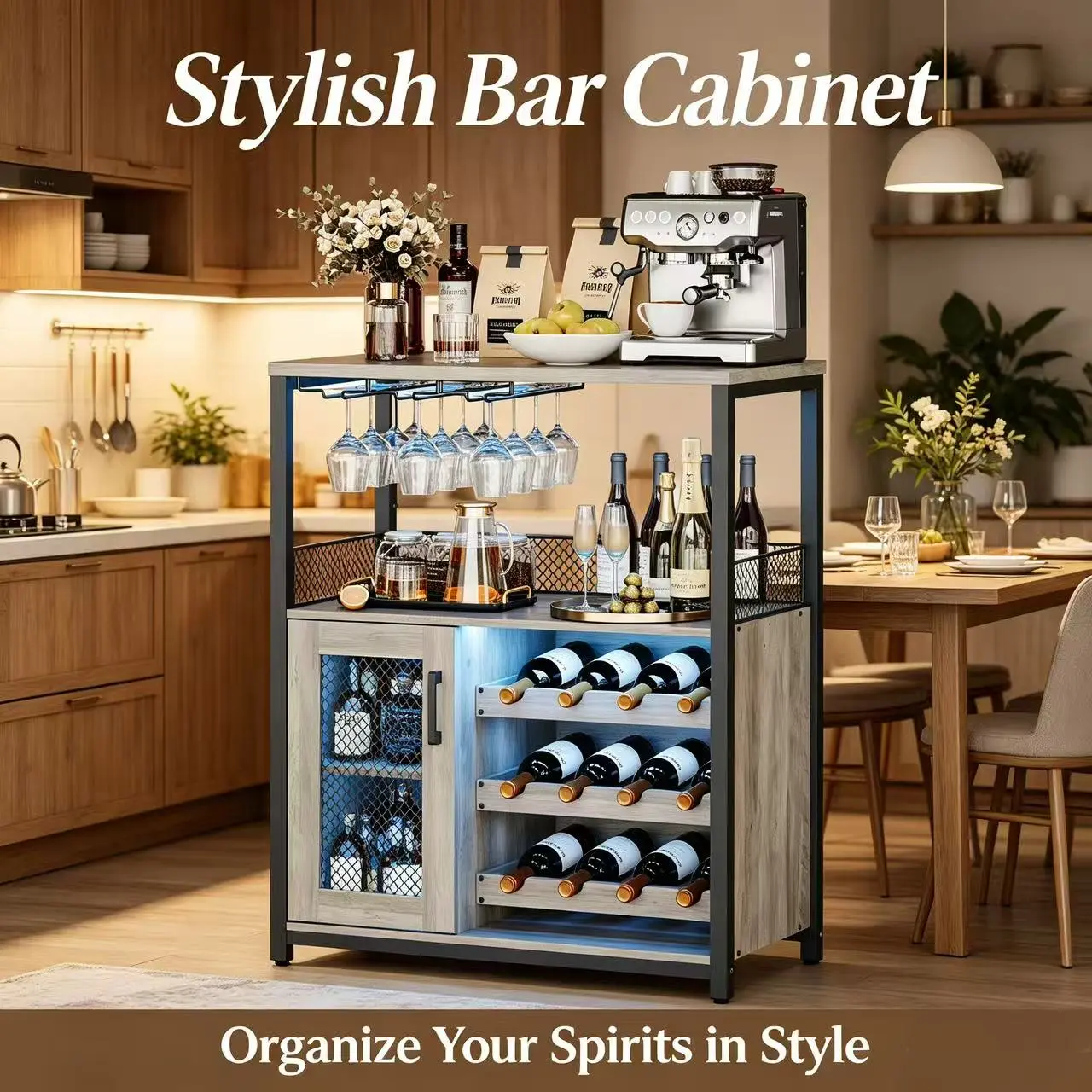 LH-Garvee Wine Bar Cabinet with Detachable Wine Rack, Contemporary Storage Cabinet Perfect for Home Decor and Maximizing Storage SpaceGlass Holder, Storage and Small Sideboard, Coffee Bar Buffet Cabinet with Mesh Door for Kitchen,