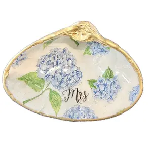Decoupage Mrs. Shell with Blue Hydrangea Design and Gold Trim for Elegant Home Decor