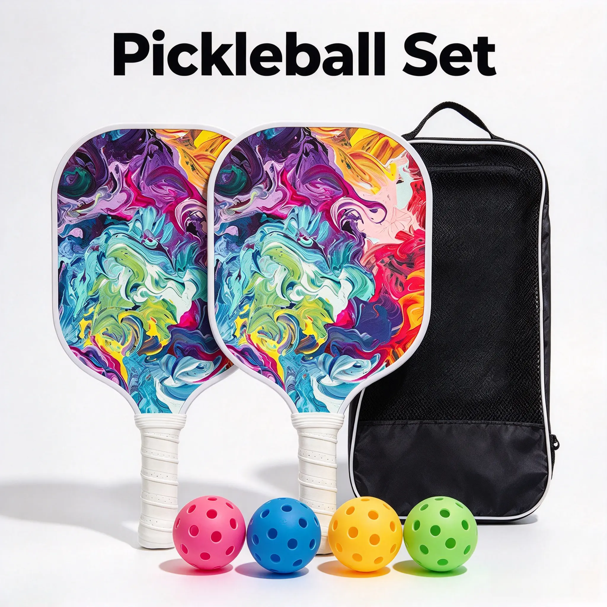 Beginner Pickleball Paddle Set - 2 Racquets, 4 Balls, Carrying Bag, Colorful Indoor/Outdoor Starter Kit for Paddle Tennis Sports