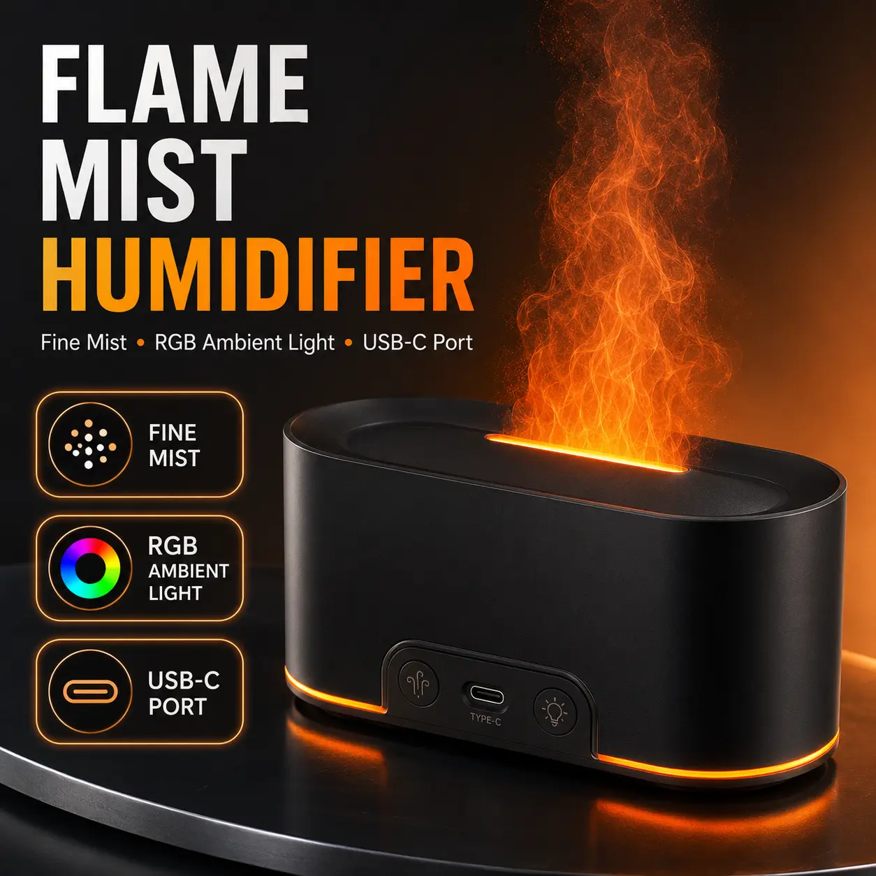 2-in-1 Simulation Flame LED Aromatherapy Diffuser & Cool Mist Humidifier, 7-Color Lighting Options, Color Changing Mood Lamp, Quiet Ultrasonic, for Bedroom Home Decor Adults Desk Use