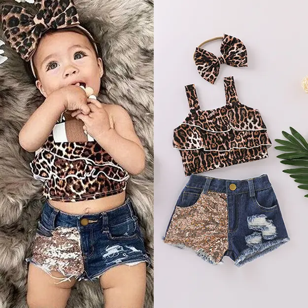 Toddler Baby Girl Leopard Outfits Ruffle Sleeveless Crop Tops Sequin Denim Ripped Shorts Summer Clothes Sets