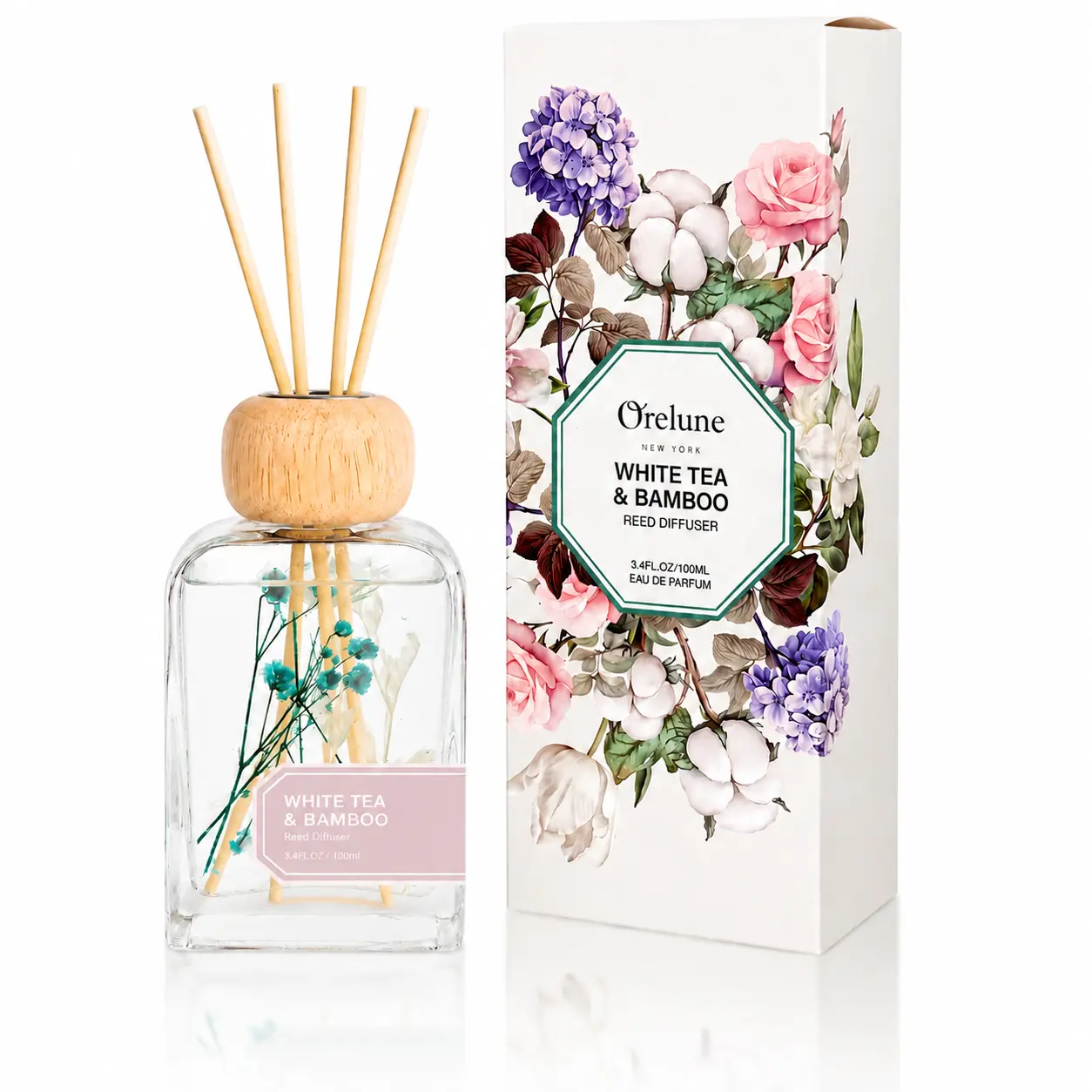 Orelune Aroma Scented White Tea & Bamboo Reusable Liquid Reed Diffuser Gift Set - 3.4 fl oz Oil, Azure Blue Leaf Decorative Glass Bottle with Sticks, Auspicious Casual Home Fragrance Accessory for Engagement Gifting, Single Unit Home Diffuser
