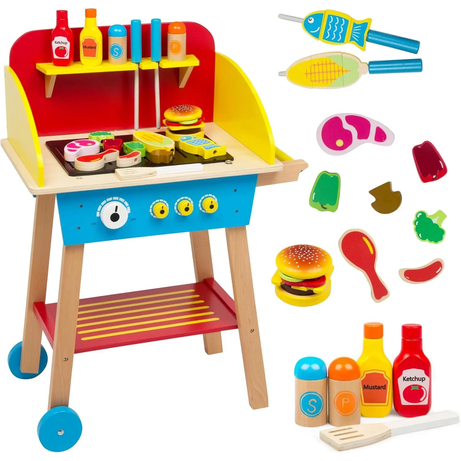 Svan Cook 'N Grill Wood Toy BBQ Set- Pretend Play BBQ Food & Grilling Tools for Kids, 30+ Pcs Ft. Spatula, Burger & More, Fun Indoor Activity Playset