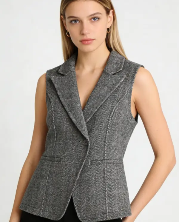 Women's Dark Gray Herringbone Sleeveless Blazer Vest - Notch Lapel Waistcoat for Spring & Fall