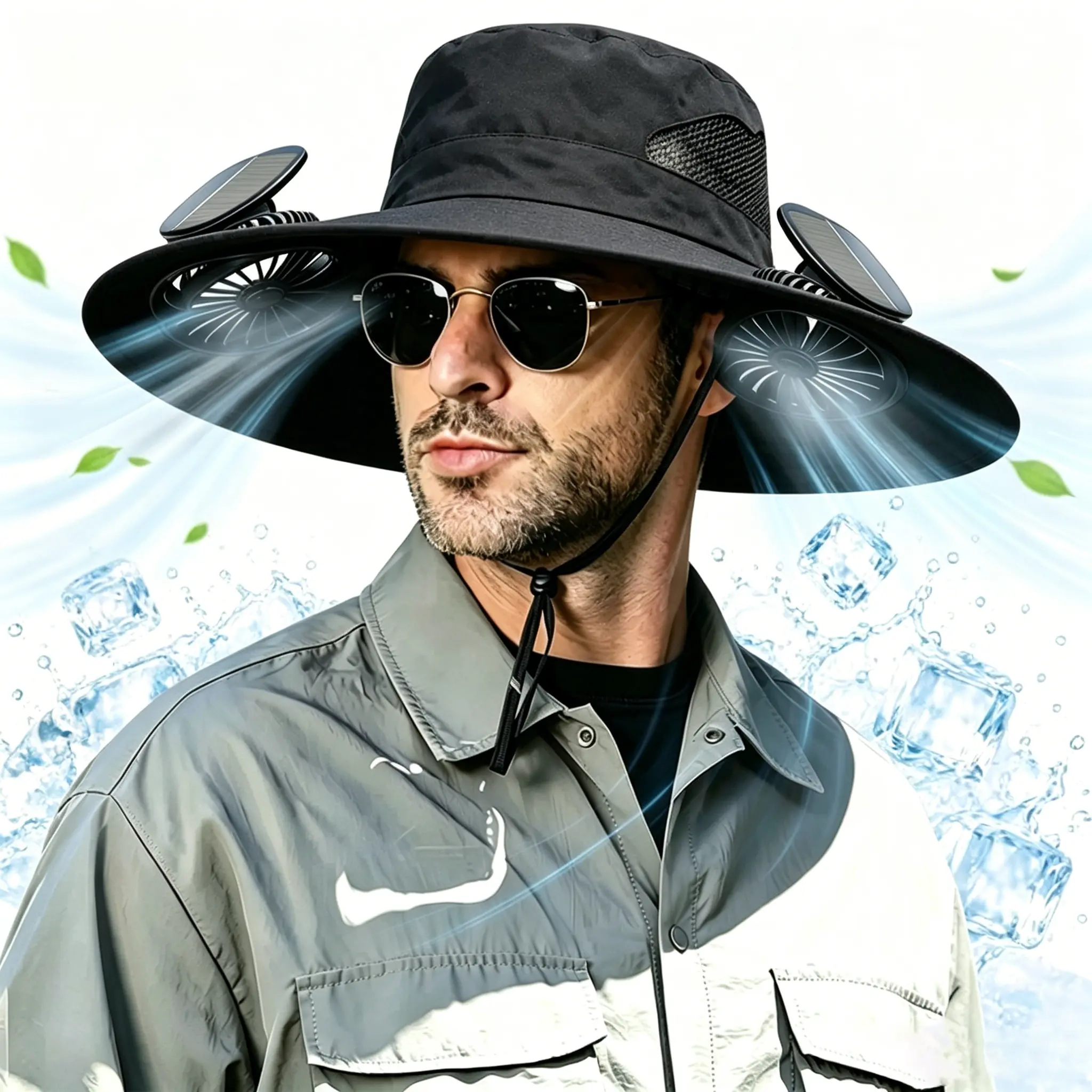 2- Wide-brimmed hat with built-in fan, lightweight and breathable headband, adjustable sun protection, suitable for hiking and fishing.