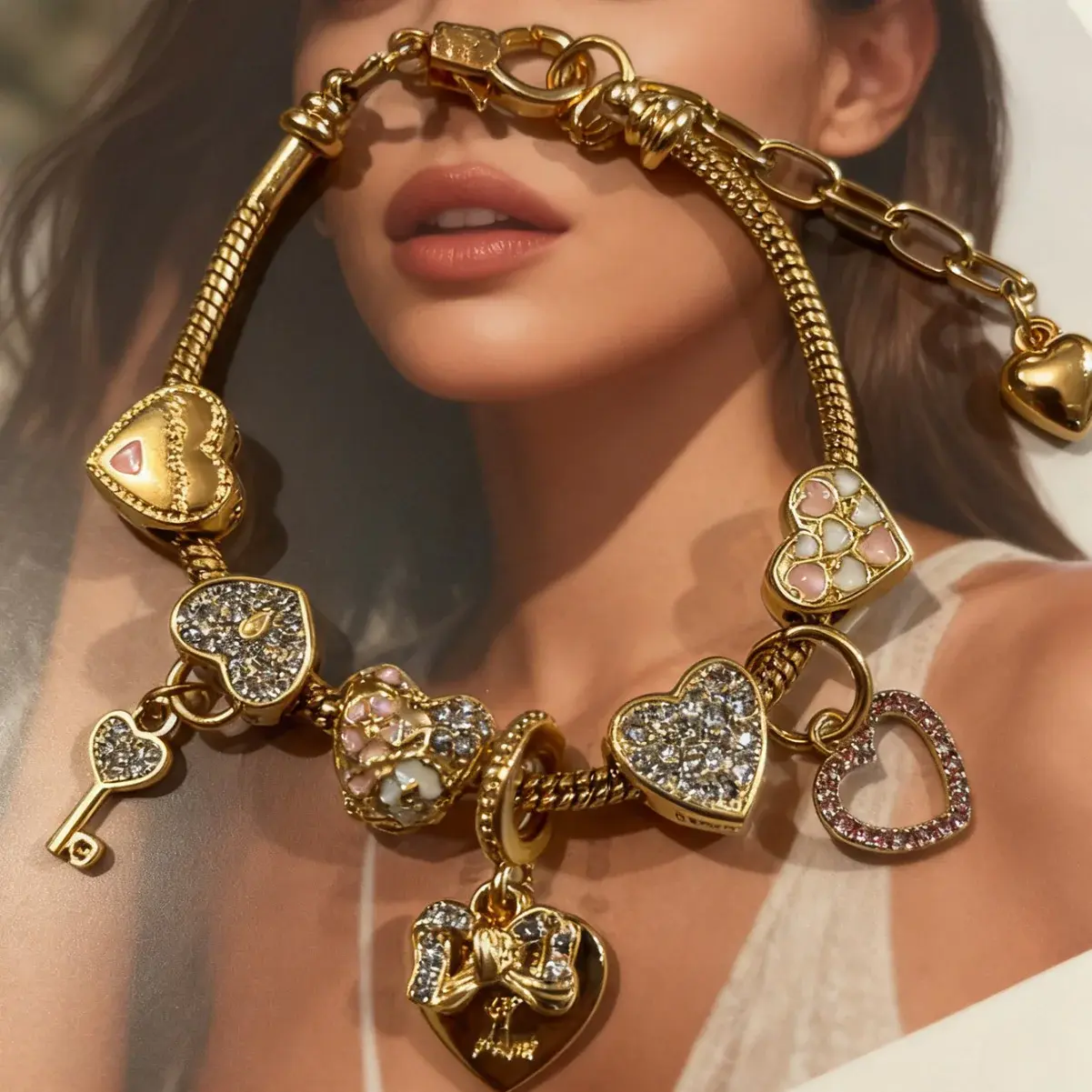 Gold Rhinestone Charm Bracelet with Oil-Drop Bow & Detachable Love Key Lock Removable Fashion Jewelry for Women Heart-Shaped Charms