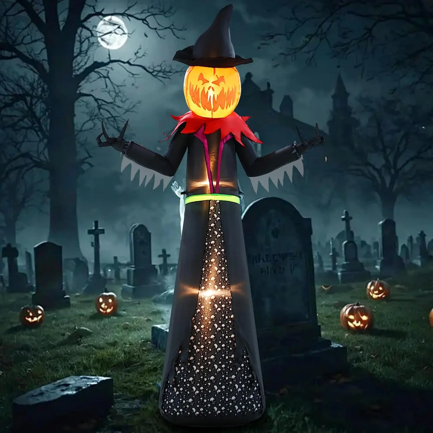 9ft Halloween Inflatable Giant Pumpkin Man - with Built-in LEDs, Spooky Style - Scary Blow Up Ornament for Porch, Lawn