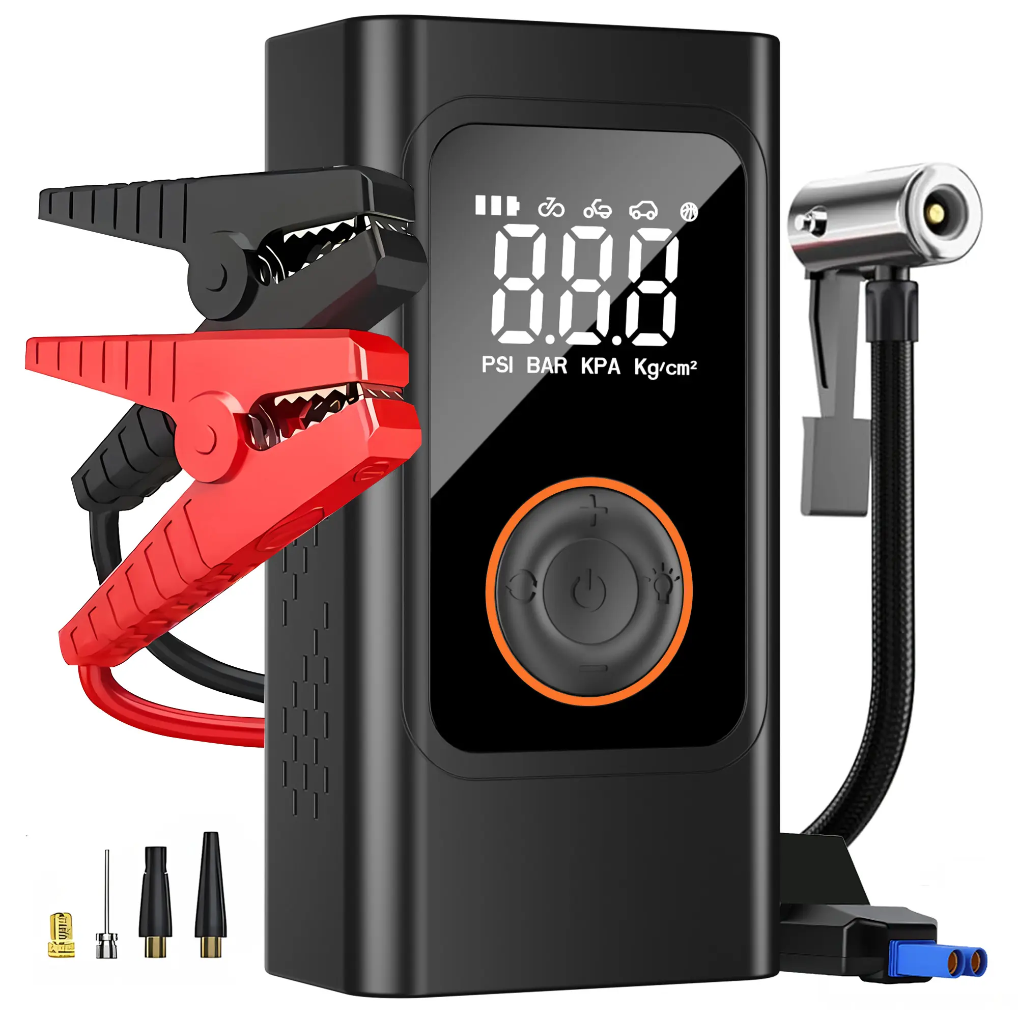 Car Jump Starter with Air Compressor 150PSI Kpa, 12V Portable Battery Jumper for 8.0L Gas 5.0L Diesel Vehicles, Smart Cables LCD Display LED Light Fast Inflation Charger for Road Trips Commuting Safety Protection Flat Tire