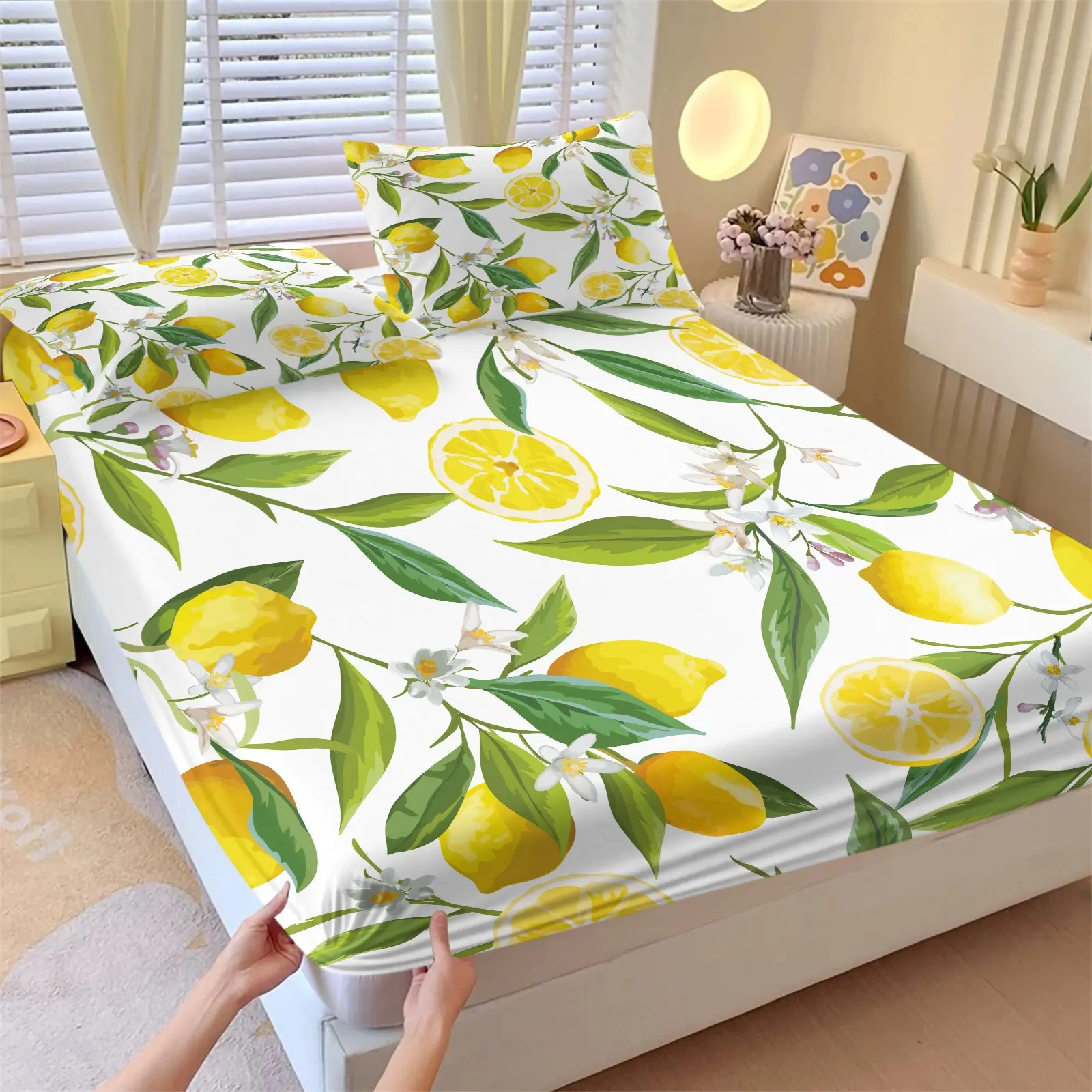3Pcs Lemon Floral Print Fitted Sheet Set, Fresh Yellow Lemon Bedsheet Set, Botanical Bedding Set with Pillowcases, No Fillers, Green Leaves Plants Deep Pocket Sheet for Women Teens Summer Bedroom Decor, Decorative Bedsheet Sets
