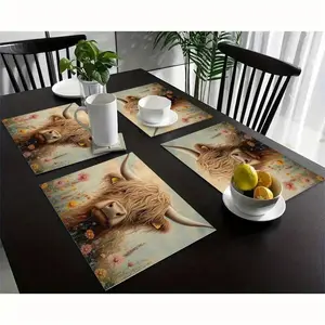 4pcs Highland Cow Placemat Set - Heat-Resistant Scottish Cow & Scottish Wildflowers Table Mats, Rustic Farmhouse Kitchen Dining Decor, Hand Washable Polyester Tableware for /Outdoor Use, Country Housewarming Wedding Gift (Cow Print Table