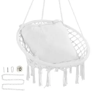 VEVOR Hanging Hammock Swing Chair, 330 lbs Capacity, Macram Hanging Chair with Cushion and Mounting Hardware, Cotton Rope Swing Chair for Bedroom, Balcony, Patio, Garden, White