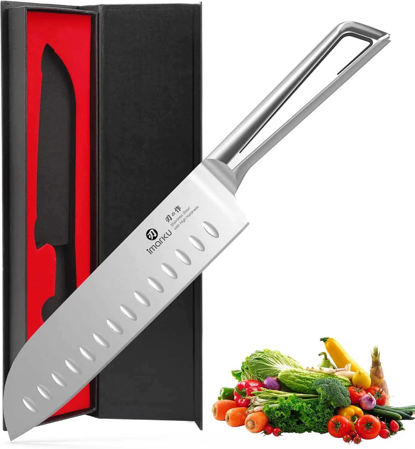 imarku Chef Knife Ultra Sharp Santoku Knife 7 Inch, High Carbon Stainless Steel Japanese Kitchen Knife with Hollow Edge | Seamless Ergonomic Handle, Gift Box for Meat/Vegetables/Tomatoes & Daily Prep