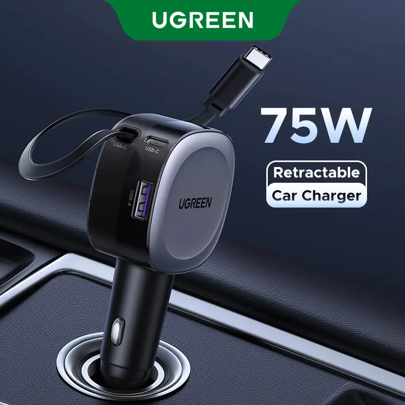 UGREEN Retractable Car Charger, 75W USB C Car Accessories Adapter for iPhone 17/16 USB C Charger Fast Charging, Deals for you, Travel Essentials Gifts for Women Men,September Restock，DealsForYouDays