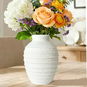 【Memorial Day】Silvanest 7.3” Ribbed White Ceramic Vase, Minimalist Pleated Pottery for Modern Home Decor, Handcrafted Matte Off-White Vase for Pampas Grass & Shelf Decor outdoorfun