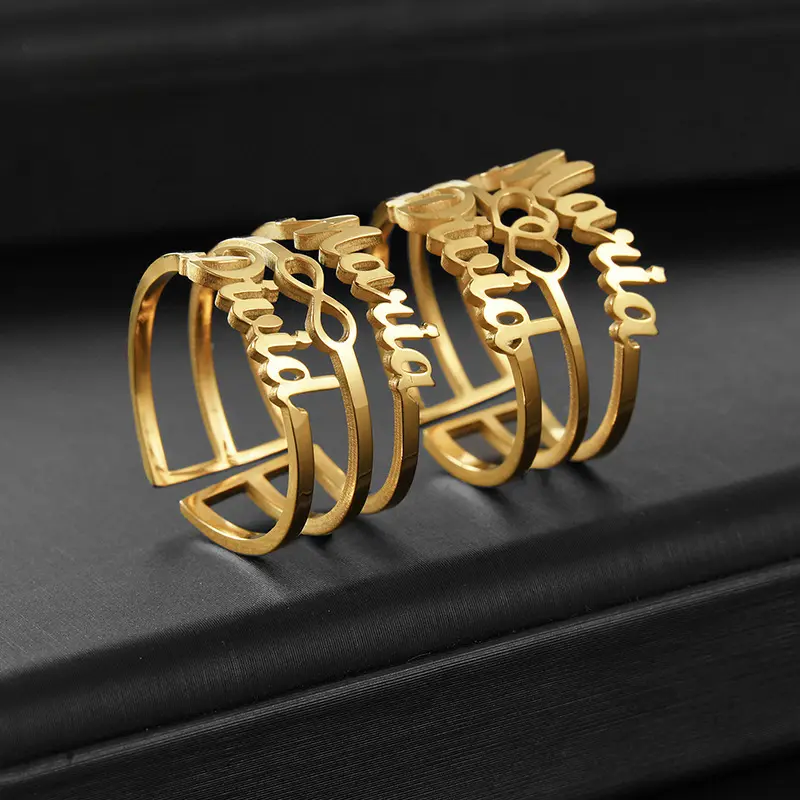 AS047 Personalized Gift Three-layer Hollow Ring Custom Letter Name Titanium Steel Couple Ring Anniversary Gift