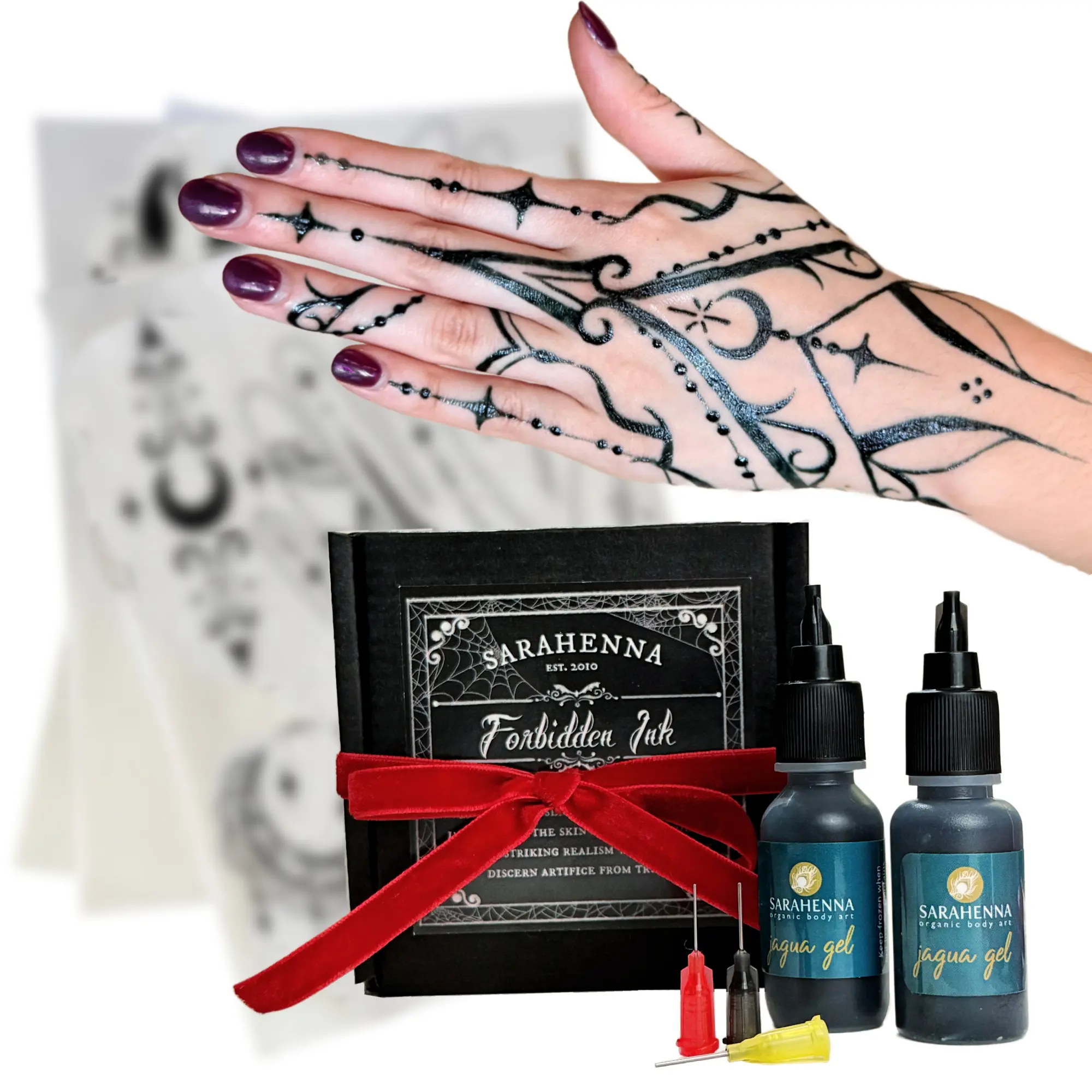 Forbidden Ink Jagua Temporary Tattoo Set, Alt Goth Style, Ultra Dark Plant Based Henna Kit with Custom Stencil Set for Beginners, Gothmas