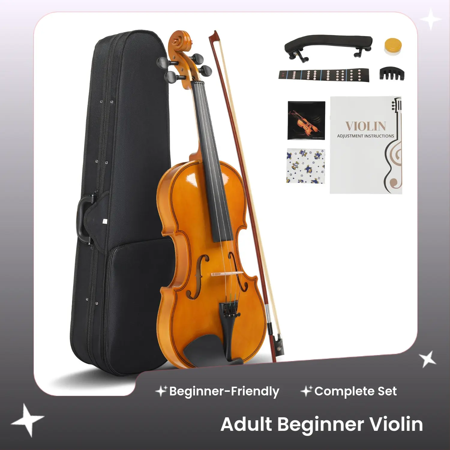 4/4 Full Size Violins Set for Adult Beginners - Basswood Top, Back and Sides, Solid Wood Fingerboard, Pegs, Chin Rest, 4 Fine Tuners, Hard Case, Bow, Shoulder Rest, Rosin, Extra Strings, Sordine, Violin Rosin, 23.43 X 8.27 X 2.76" Violin