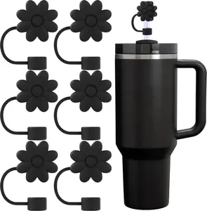 6pcs Flower Straw Cover Cap Fit for Stanley Cup, Silicone Straw Toppers Compatible with 30&40 Oz Tumbler,10mm Dust Proof Reusable Straw Tips for Stanley Cup Accessories (Black) Drinkware Mug Bottles