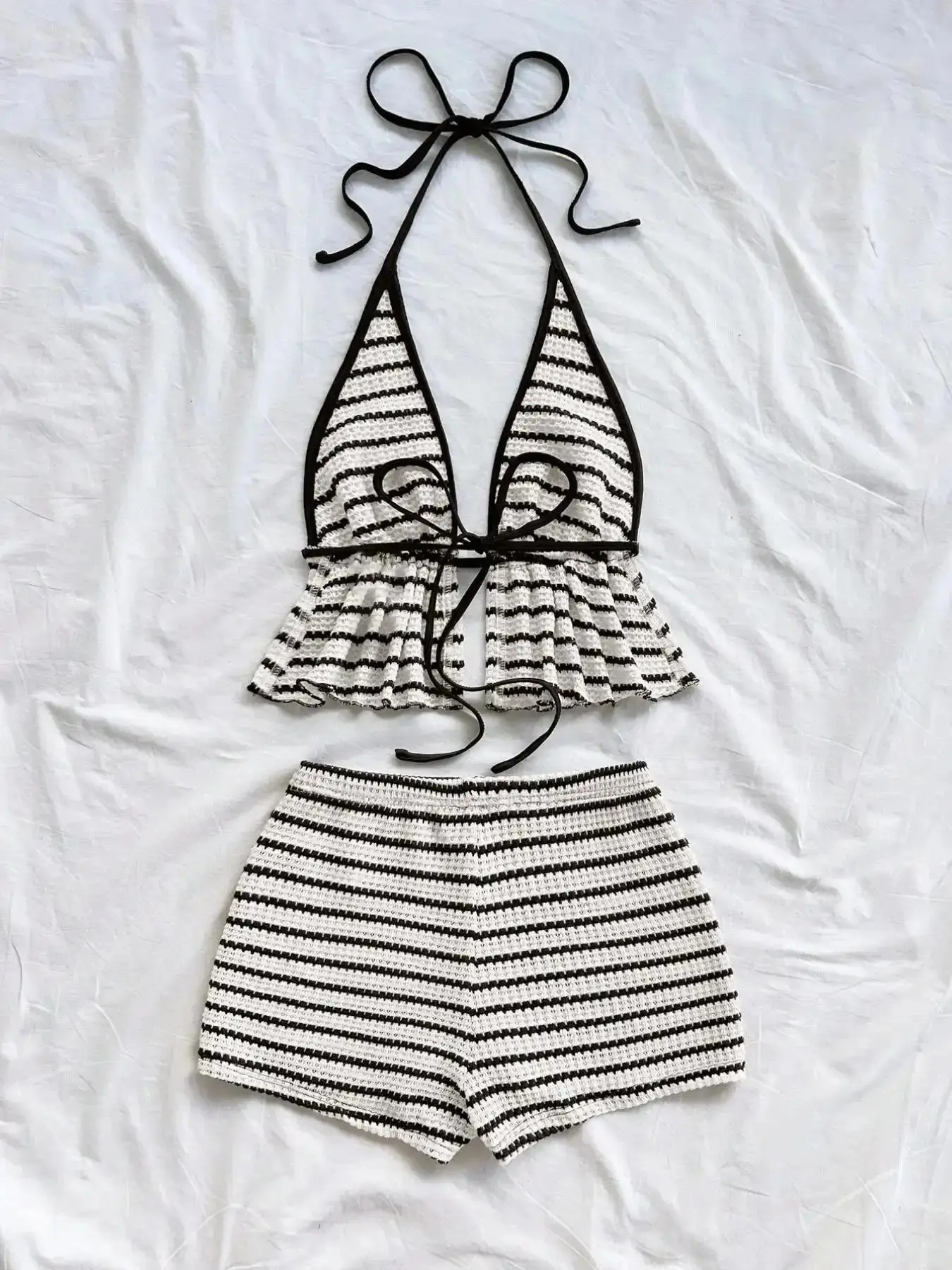 Women's Sexy Lightweight Colorblock Backless Bow Tie Ruffle Top and Shorts Set, Striped Pineapple Beach Vacation, Two-Piece Summer Ensemble, Beachwear, Outfits Knit Sets, Tops all day comfort vacation style modern brunch